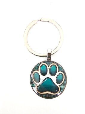 Plaid Paw Print Keychain Dog Lover Teal Gift Pet Memorial Charm Cute Paw Keyring